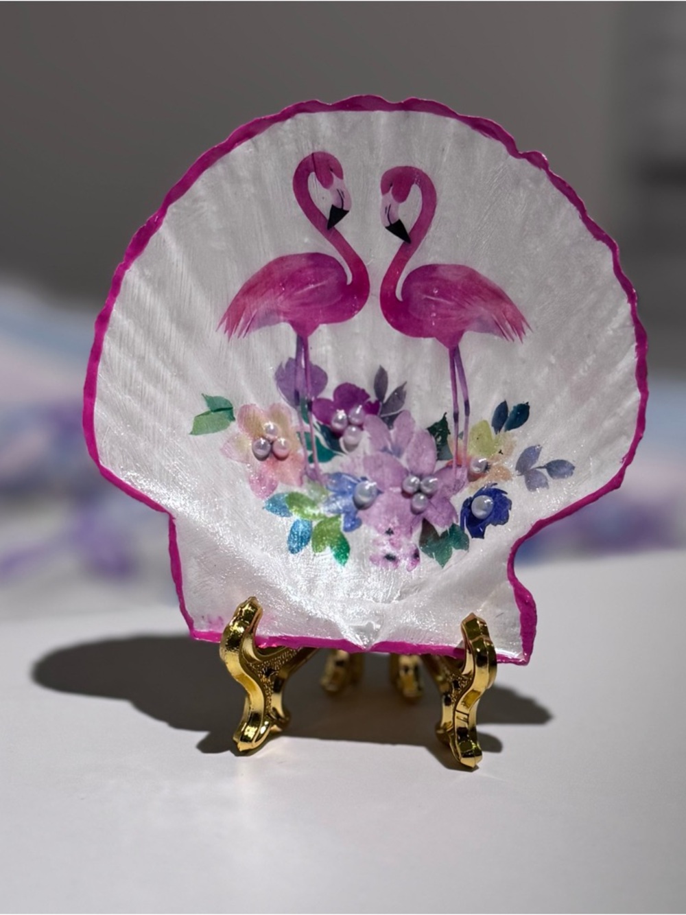 Pink Flamingo Shell trinket or decor with Floral Accents Handmade